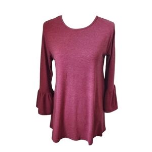 Yelete Burgundy 3/4 Bell Sleeve A- Line Round Neck Soft Knit Tunic Top Size M